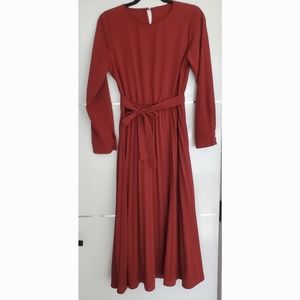 Women's Round Neck Long Sleeve Belted Pleated Fit and Flare Dress Burgundy